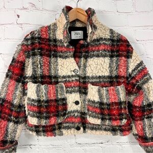 Zara Women's Juniors Red Plaid Jacket shacket cropped size 13-14 Sherpa tan